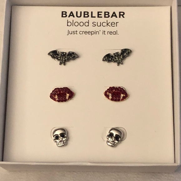 Baublebar Blood Sucker 3 Pair Stud Earring Set Bat, Vampire Lips & Skull NIB - Picture 3 of 12